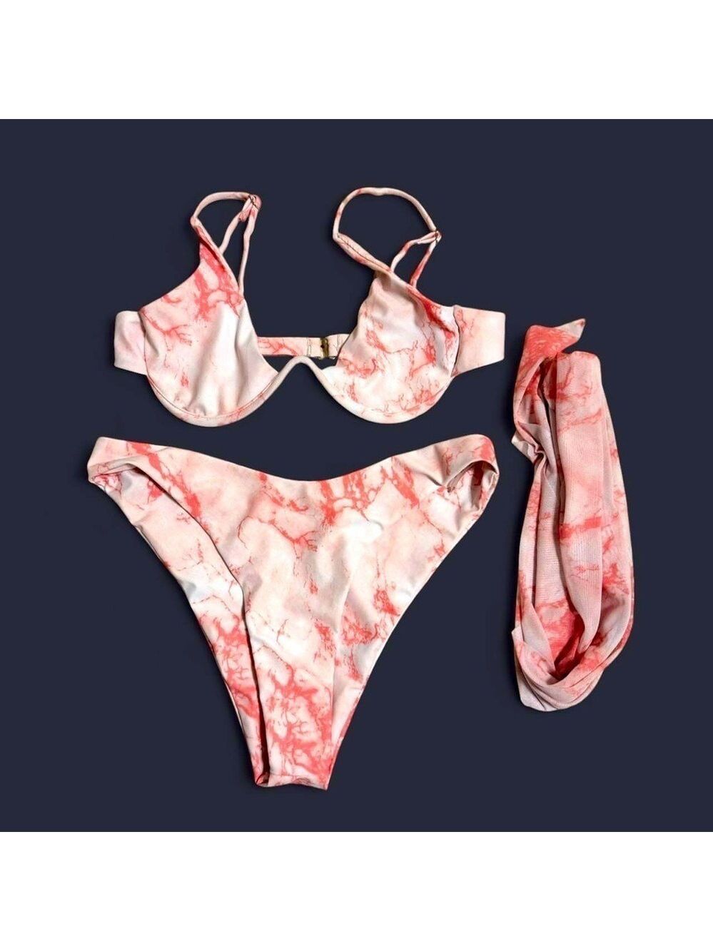 3 piece: Pink and white marbled bikini set